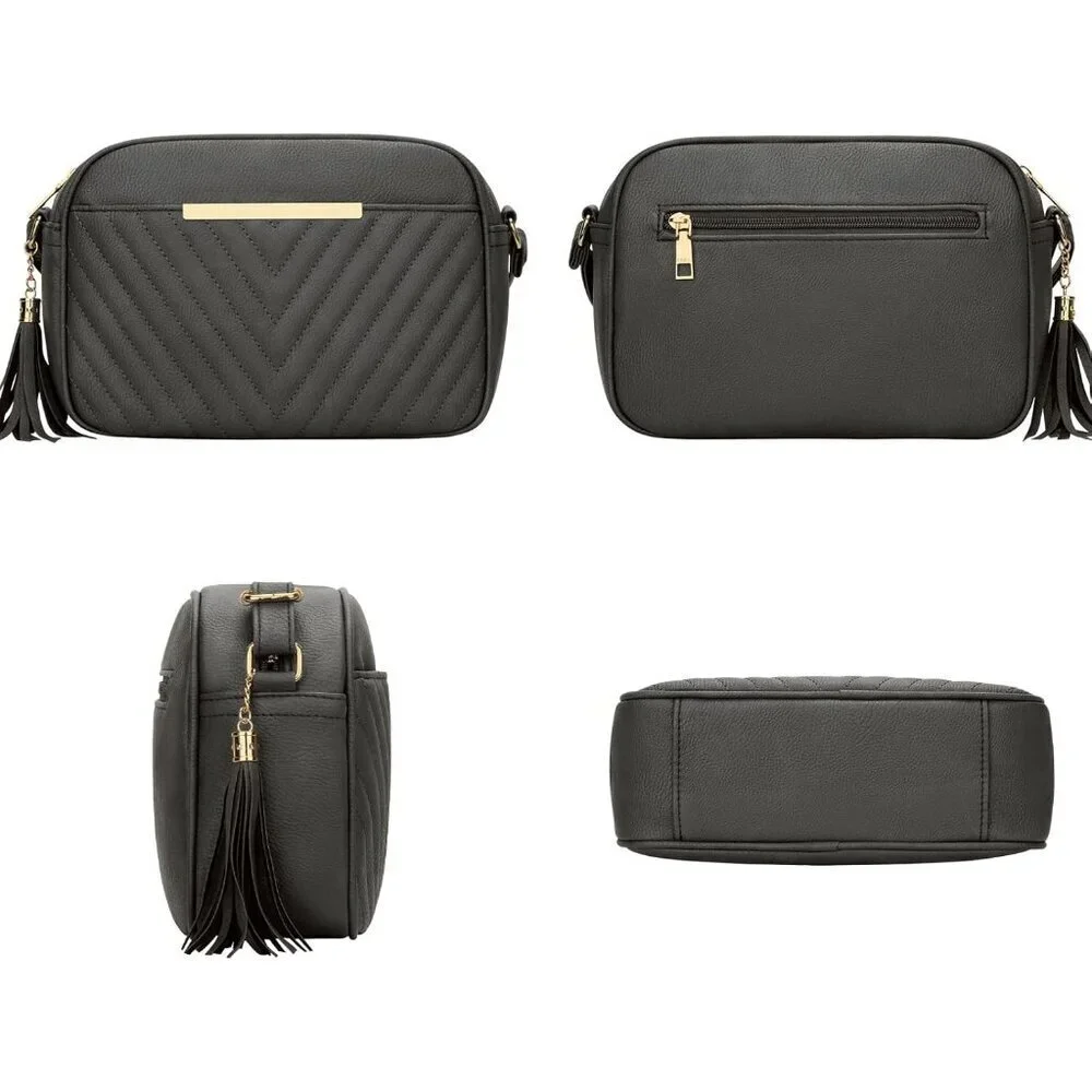 Quilted Vegan Leather Crossbody Bag Women Stylish Shoulder Purse with Tassel